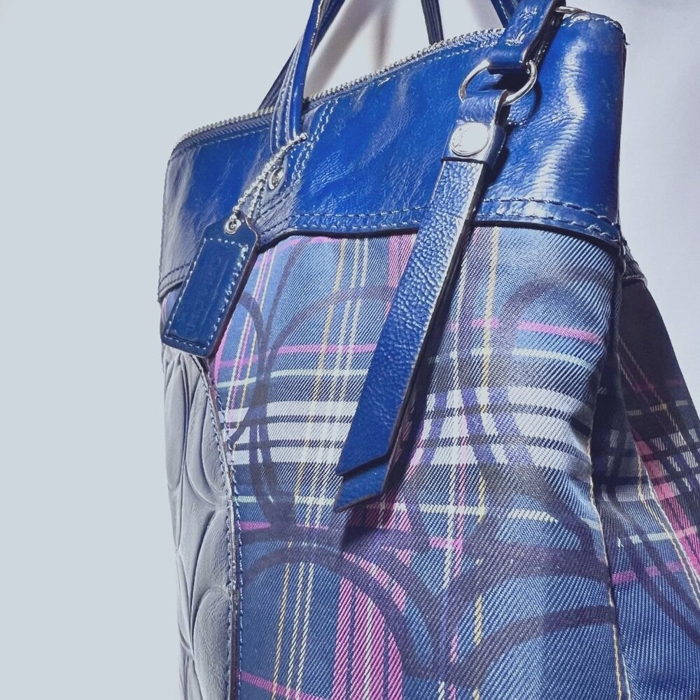 Coach Tote-Plaid-Navy Blue/Pink Mix-G1273-F20109-Large Purse-1 Zip Closure-Light - Picture 3 of 16